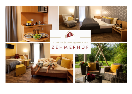 Bildercollage mit Hotelimpressionen und Zehmerhof Logo