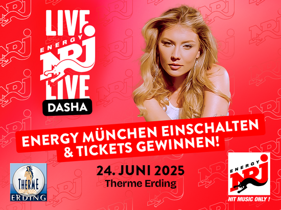 Teaserbild rot mit Porträt der Sängerin Dasha. Text: 'Schalten Sie Radio Energy München live ein und gewinnen Sie Tickets!'