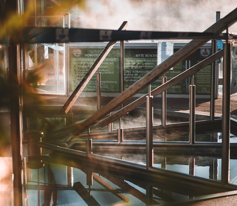 Sulfur pots with slightly rising water vapor.