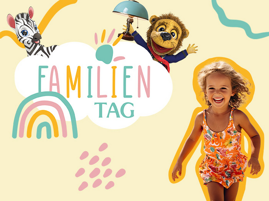 Zebra, Löwe und lachendes Kind auf Familien-Tag-Plakat mit bunten Elementen und Regenbogen. Text: "FAMILIEN TAG".
