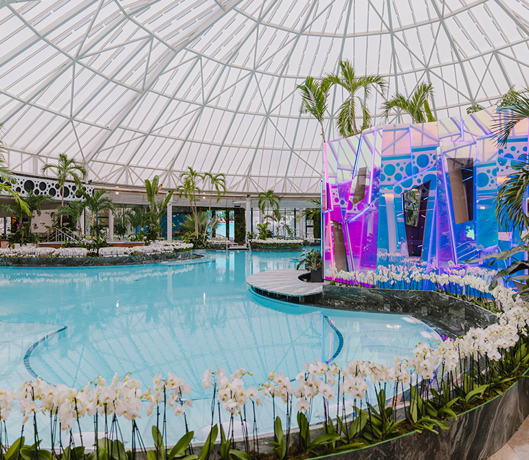 The new Re-flexion sauna can be seen to the right of the large thermal pool. 