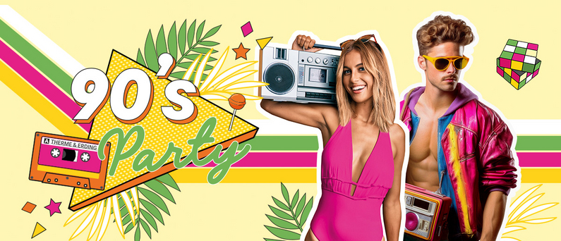 Graphic of a colourful 90s party: a woman in a pink swimsuit and a man in a colourful jacket with sunglasses stand in front of retro elements such as cassette tapes, neon shapes and palm leaves.