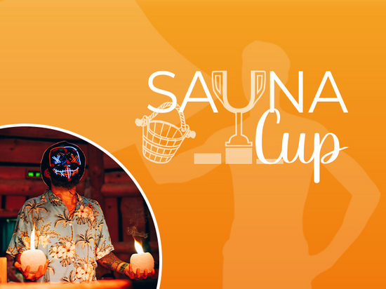 Werbegrafik für den ‚Sauna Cup‘ mit Pokal-Illustration und einem Sauna-Aufgusskübel. Im unteren Bildausschnitt ist ein Aufgussmeister vor einem Publikum in einer Sauna zu sehen. Darunter steht der Hinweis ‚Hier anmelden‘.