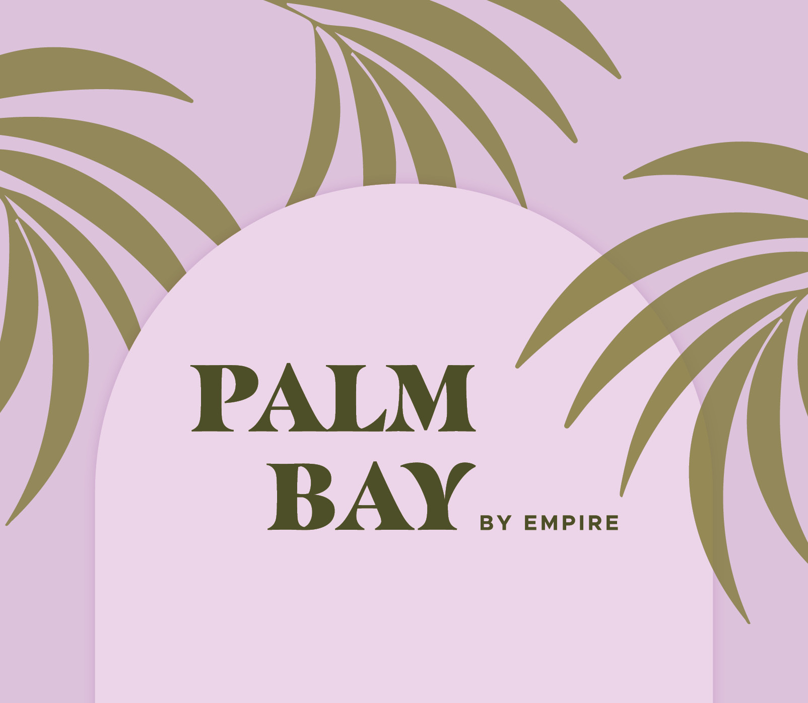 Palmen auf lila Hintergrund. Schrift auf Bild: Palm Bay by Empire