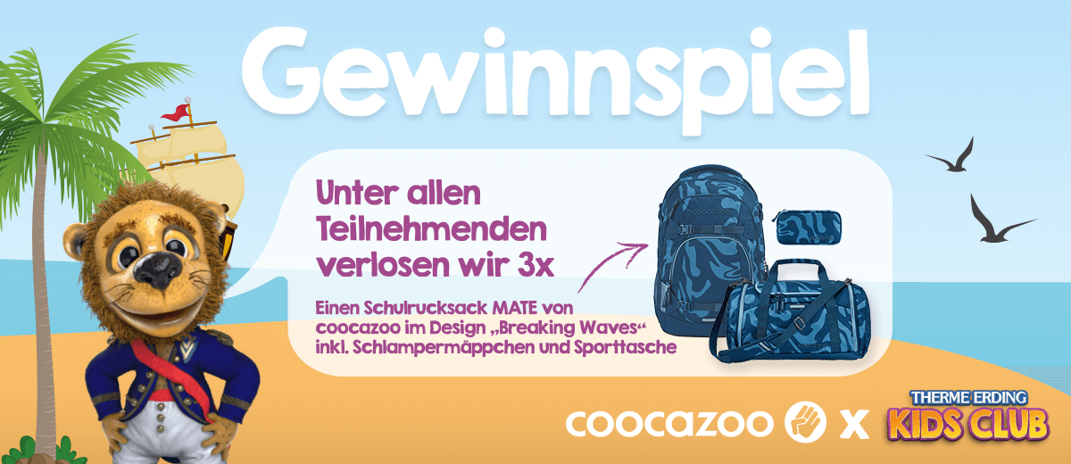 Gewinnspiel-Ankündigung mit Rucksack-Set, Strandhintergrund, Maskottchen und Logos von Coocazoo und Therme Erding Kids Club