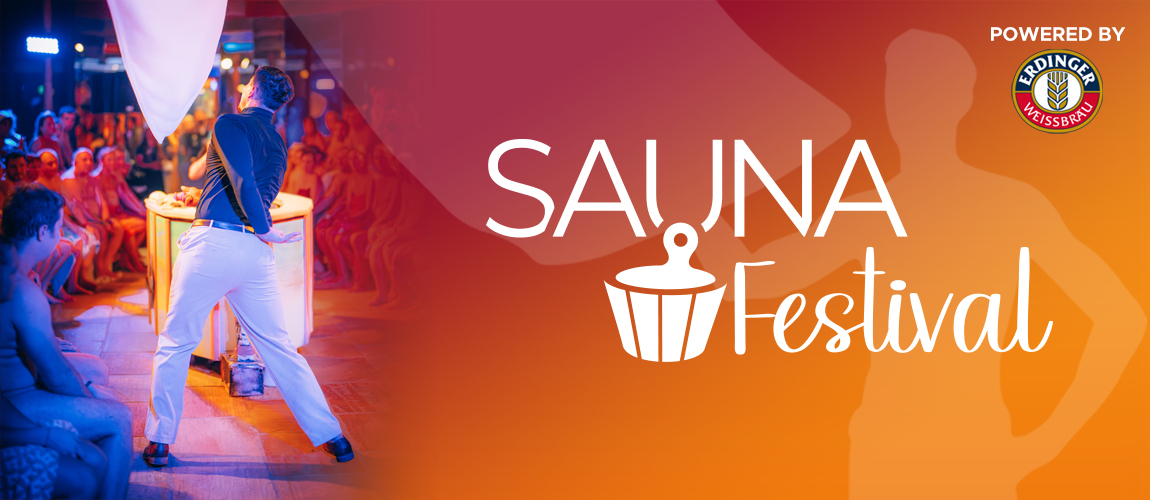 Links Saunameister beim Aufguss, rechts rot-orangene Grafik mit Schriftzug "Sauna Festival"